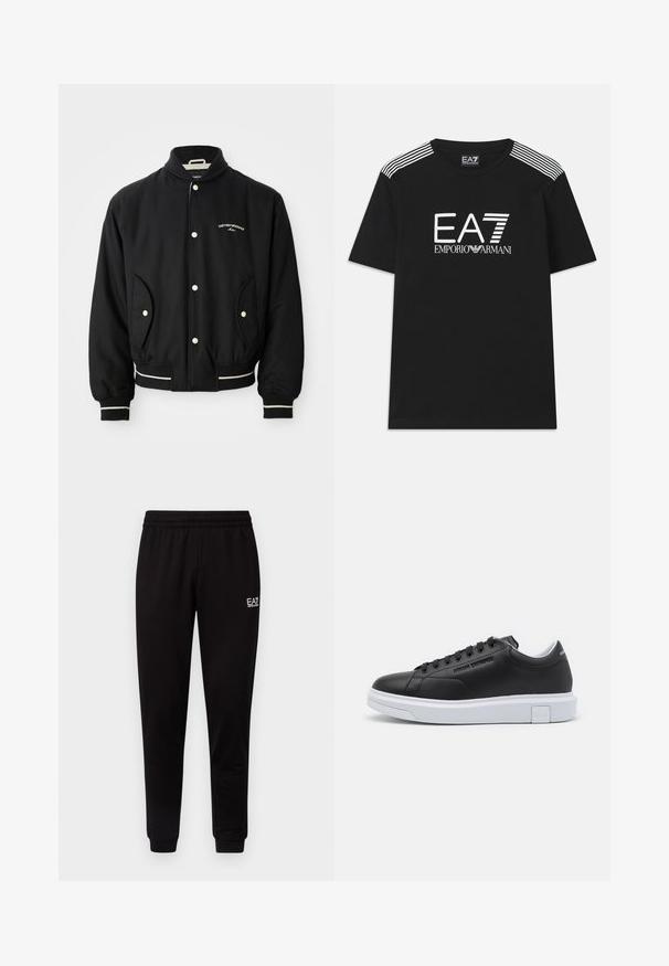 Zwarte bomberjack met een geribbeld kraag, drukknoopsluiting, twee zijzakken en witte gestreepte accenten bij de manchetten en de zoom.; Zwarte katoenen T-shirt met een wit EA7-logo en de tekst 'Emporio Armani'. Drie witte strepen op de schouders versterken het ontwerp.; Zwarte joggingbroek met een elastische tailleband, taps toelopende benen en een klein wit logo aan de bovenlinke kant. Glad materiaal en een eenvoudig ontwerp.; Zwarte leren sneakers met een witte rubberen zool, vetersluiting, en reliëf logo-detail op de zijkant. Ronde neus en een gladde textuur.