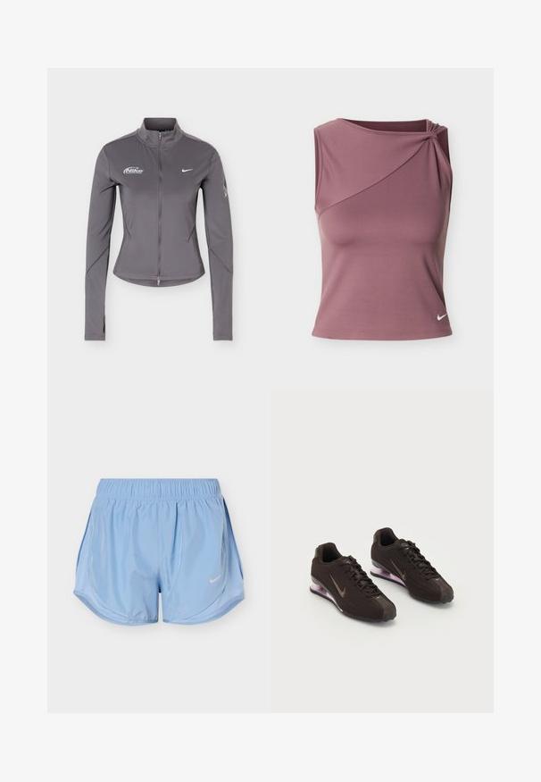 Γκρι μακρυμάνικο μπουφάν Nike με φερμουάρ και όρθιο γιακά, λευκά λογότυπα Nike στο στήθος και διακριτικές λεπτομέρειες στα μανίκια.; Αμάνικη αθλητική μπλούζα σε μωβ απόχρωση με ασύμμετρο ντεκολτέ και μικρό λευκό λογότυπο Nike στο κάτω αριστερό μέρος.; Ανοιχτό μπλε αθλητικό σορτς με ελαστική μέση, καμπυλωτές πλευρικές ραφές και λευκό λογότυπο Nike swoosh στο μπροστινό δεξί πόδι.; Μαύρα αθλητικά παπούτσια με υφή στο πάνω μέρος, καφέ λεπτομέρειες και μωβ σόλα με αερόστρωση. Σχέδιο με κορδόνια και έντονη σήμανση.