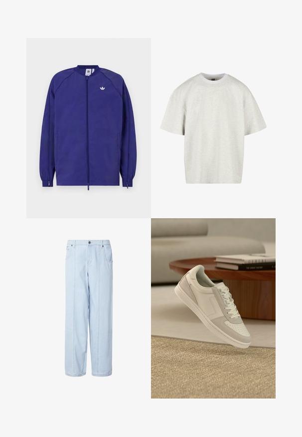 Chaqueta ligera púrpura con cierre de cremallera, puños elásticos y un pequeño logo blanco en el pecho. Textura suave y diseño casual.; Camiseta de algodón gris claro con mangas cortas, cuello redondo y un ajuste holgado. La tela tiene una superficie suave y ligeramente texturizada.; Pantalones vaqueros azul claro de pierna ancha con cintura alta, dos bolsillos delanteros y costuras visibles. La tela tiene una textura suave y desgastada.; Zapatilla blanca de cuero con detalles en ante gris claro, puntera redonda, empeine perforado y cordones planos. Sobre un fondo de tono neutro.