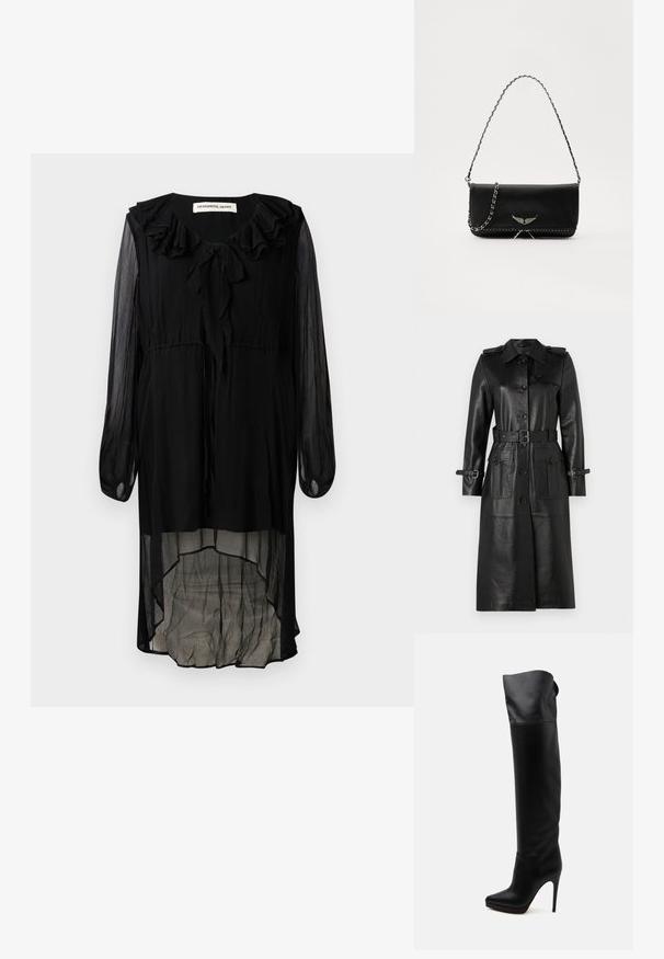 Black leather trench coat featuring a classic collar, button front, two large front pockets, belted waist, and adjustable sleeve straps.; Black chiffon dress with a ruffled neckline, long sleeves, and a high-low hem. Features a tie at the neck and flowing, sheer texture.; Black knee-high leather boot with pointed toe and high stiletto heel on a white background.; Black leather handbag with a silver chain strap, featuring decorative wing accents and white stitching along the bottom seam.