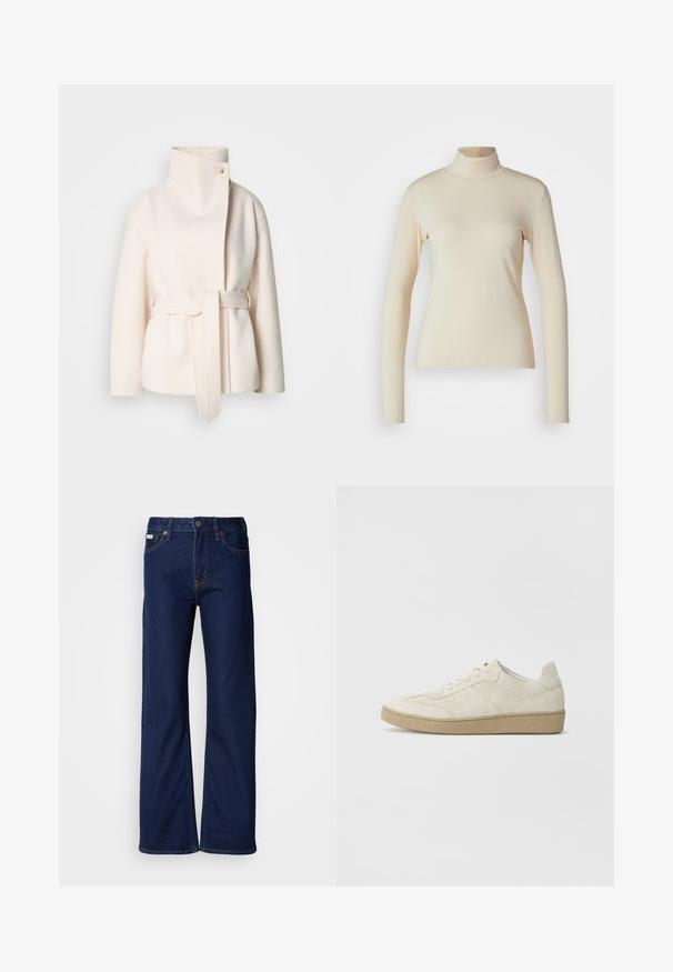 Abrigo de lana color crema, con un cuello alto, cinturón lateral y un cierre frontal diagonal con un solo botón. Textura suave, diseño minimalista.; Top de manga larga de color crema con cuello alto, hecho de una tela suave y elástica; diseño ajustado con cuello alto y sin patrones o acentos visibles.; Jeans de mezclilla azul oscuro con un diseño de pierna ancha, corte recto, cinco bolsillos y cierre de cremallera frontal. Detalles de costura a lo largo de las costuras.; Zapatillas de ante beige con un diseño texturizado, suela plana de goma y costuras laterales distintivas. Punta redonda y detalle de cuello acolchado.