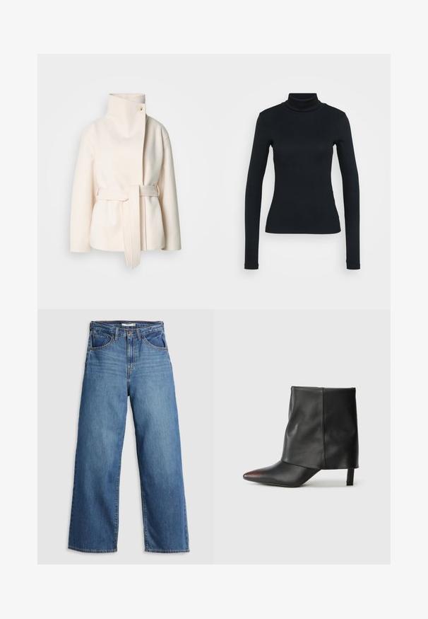 Abrigo de lana color crema, con un cuello alto, cinturón lateral y un cierre frontal diagonal con un solo botón. Textura suave, diseño minimalista.; Jersey de cuello alto de manga larga negro con una silueta ajustada sobre un fondo claro.; Jeans de mezclilla azul de pierna ancha con cintura alta, que cuentan con cinco bolsillos, costuras en contraste y cierre de cremallera.; Botín negro de piel lisa con punta afilada y tacón cónico. La parte superior presenta un diseño ligeramente fruncido.