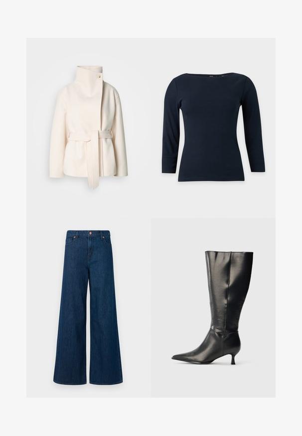 Abrigo de lana color crema, con un cuello alto, cinturón lateral y un cierre frontal diagonal con un solo botón. Textura suave, diseño minimalista.; Top ajustado azul marino de manga larga con escote de barco y textura de tela simple y suave sobre un fondo liso.; Jeans de mezclilla de pierna ancha azul con cierre frontal de botón, trabillas para el cinturón y diseño de cinco bolsillos sobre un fondo blanco.; Bota negra de cuero hasta la rodilla, con punta afilada y tacón bajo tipo kitten, mostrada sobre un fondo claro y sencillo.