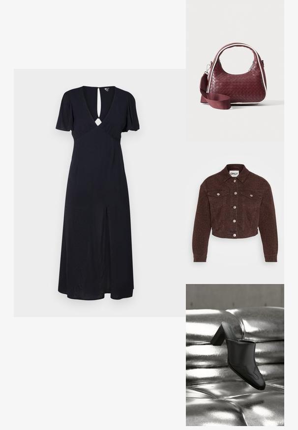 Brun denimjakke med leopardmønster. Har krave, cropped design, forlommer, knaplukning og sølv hardware detaljer.; Sort midi-kjole med V-udskæring, korte pufærmer, frontslids og nøglehul-detalje bagpå med knaplukning.; Sort lædermule med blokhæl hvilende på en skinnende sølvpolstret overflade, der fremhæver dens elegante design og buede detaljer.; Mørkerød vævet lædertaske med buet hank, hvid kant, sølv lynlås og aftagelig bred stofskulderrem mod en ensfarvet baggrund.