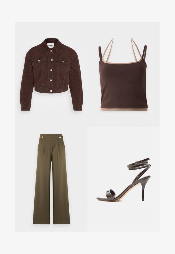 Brun denimjakke med leopardmønster. Har krave, cropped design, forlommer, knaplukning og sølv hardware detaljer.; Brun cropped tanktop med dobbelte tynde beige stropper og beige kant ved udskæringen og kanten.; Højttaljede, vide bukser i olivengrøn med to forreste folder og knappedetaljer på linningen.; Mørkebrune laklædersandal med høj hæl, tynd ankelrem og åben tå på hvid baggrund.