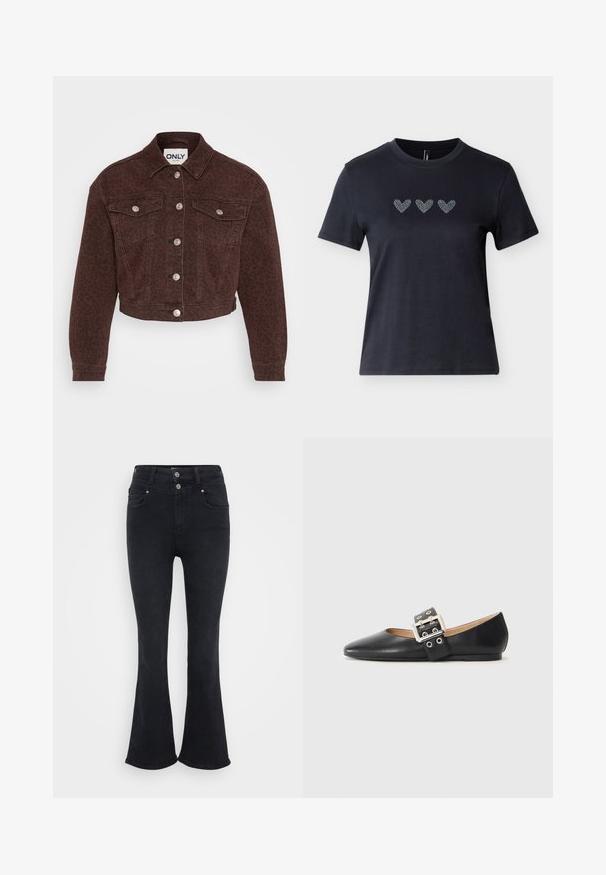 Brun denimjakke med leopardmønster. Har krave, cropped design, forlommer, knaplukning og sølv hardware detaljer.; Sort kortærmet t-shirt i bomuld med tre hjerter dekoreret med rhinsten i en række tværs over brystet, der viser en glat tekstur.; Sorte flare jeans med høj talje, lavet af denimstof. Har to forlommer og dobbelt knaplukning i taljen.; Sort læder flad sko med spidst tåparti og en dekorativ spænde-rem med sølvfarvet hardware og små udskæringer.