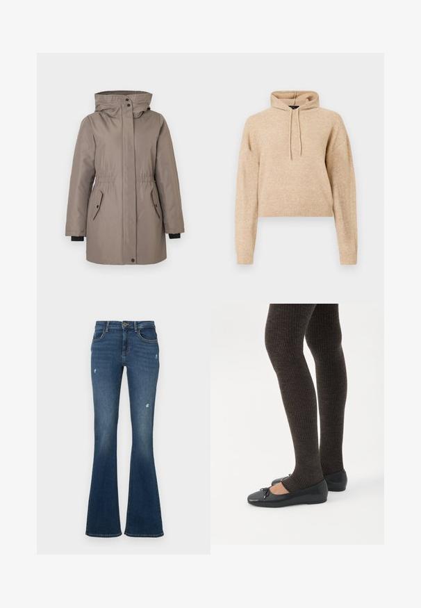Parka marron clair avec une capuche, taille élastique, fermetures à boutons, deux poches latérales et accents noir aux poignets. Tissu lisse et texturé.; Haut de sweat en maille beige, cropped, avec des manches longues et une capuche à cordons, présenté sur fond blanc.; Jean en denim évasé bleu foncé avec des patches usés. Comprend cinq poches et une fermeture éclair. Tissu de poids moyen avec une texture lisse.; Jambes portant des leggings côtelés foncés associés à des ballerines noires avec de petits détails en nœud sur fond blanc.