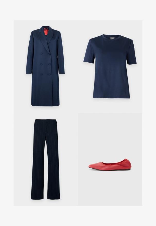 Manteau long bleu marine à double boutonnage avec six boutons recouverts et revers crantés, présenté sur fond blanc.; T-shirt bleu marine à manches courtes, col rond, ourlet droit et texture de tissu lisse, présenté sur un fond uni.; Pantalon bleu marine à fines rayures blanches dans un design sur mesure avec une jambe droite. Fabriqué dans un tissu lisse. Sans fermetures ni ornements visibles.; Filippa K REY FLATS - Ballerines - bright red