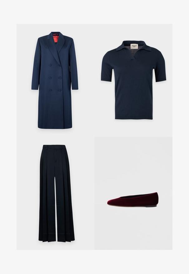 Manteau long bleu marine à double boutonnage avec six boutons recouverts et revers crantés, présenté sur fond blanc.; Chemise en maille bleu marine à manches courtes avec un petit col ouvert et un col en V, présentée sur un fond gris clair uni.; Pantalon large bleu marine taille haute, avec passants de ceinture, plis à l'avant et ourlet droit.; Ballerines en velours bordeaux avec un bout arrondi et un talon bas, présentant une texture lisse et un design élégant.