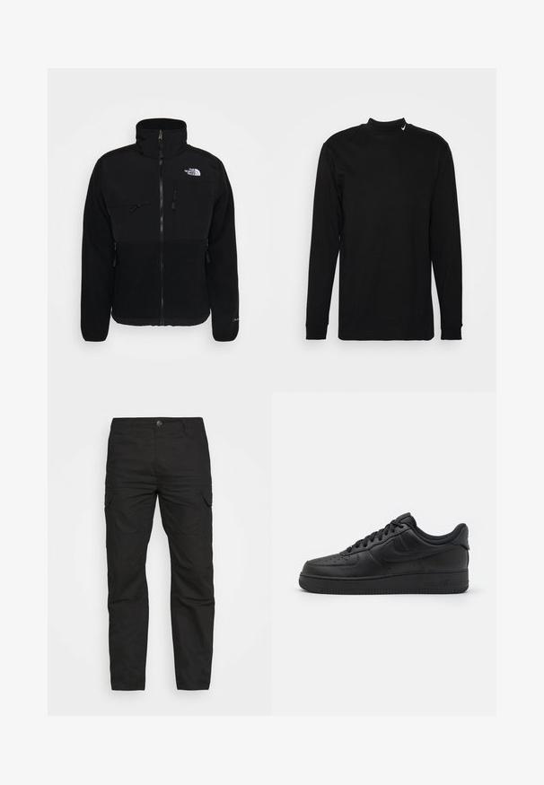 Schwarze Fleecejacke mit hohem Kragen, Frontreißverschluss, zwei Brusttaschen und Logo auf der rechten Schulter, mit einer glatten Textur.; Nike Sportswear MOCK NECK - Sweatshirt - black; Schwarze Cargo-Hosen mit geradem Bein, mehreren Taschen und einem Knopfverschluss, aus strapazierfähigem Baumwollstoff gefertigt.; Nike Sportswear AIR FORCE 1 07 FLYEASE - Sneaker low - black