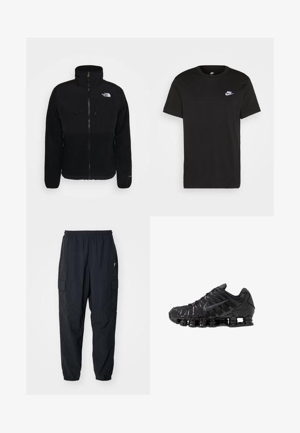Schwarze Fleecejacke mit hohem Kragen, Frontreißverschluss, zwei Brusttaschen und Logo auf der rechten Schulter, mit einer glatten Textur.; Schwarzes Baumwoll-T-Shirt mit kurzen Ärmeln, Rundhals und kleinem weißem Nike-Logo auf der oberen linken Brust. Glatte Textur. Klassische Passform.; Schwarze Cargo-Hosen aus leichtem Material mit einem elastischen Bund, Seitentaschen und einer lockeren Passform mit elastischen Bündchen.; Schwarze Sportschuhe aus Mesh- und synthetischen Materialien mit einem markanten wellenförmigen Design, schwarzer Gummisohle und reflektierenden Akzenten.