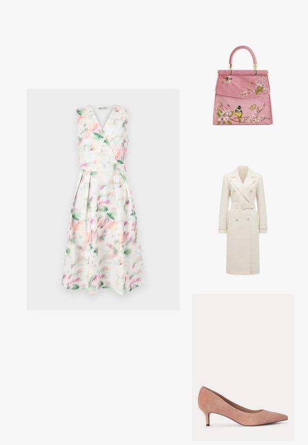 Abrigo trench de doble botonadura en color crema, con solapas anchas, cinturón a juego, correas en los puños y bolsillos laterales, exhibido sobre un fondo blanco.; Vestido midi blanco sin mangas con estampado floral en acuarela en tonos pastel, cuerpo cruzado con escote en V, cintura ceñida y falda plisada.; Zapato femenino individual de ante rosa rubor con tacón bajo, puntera puntiaguda y tacón de aguja delgado sobre fondo claro y liso.; Bolso de ante rosa con bordado floral, que presenta pájaros y mariposas. Herrajes en tono dorado y asa redondeada en la parte superior. Cierre elegante de solapa.