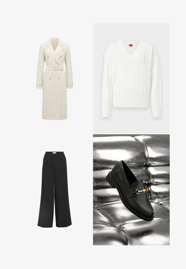 Trench-coat long en crème à double boutonnage avec larges revers, ceinture assortie, lanières aux poignets et poches latérales, présenté sur fond blanc.; Pull en maille blanc avec col en V, ourlet côtelé et motifs torsadés texturés, avec le nom de la marque discrètement tissé dans le tissu.; Pantalons larges noirs avec une texture lisse, taille cintrée et plis avant. Sans poches ni fermetures visibles. Design simple et épuré.; Mocassin en cuir noir avec un détail en métal doré. La chaussure présente un design épuré et une texture lisse et brillante.
