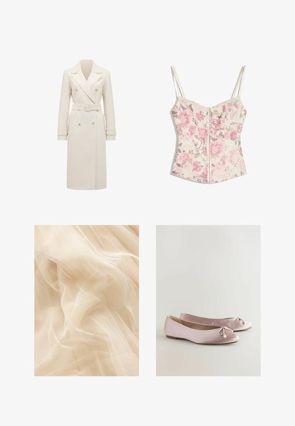 Beige-farbener, langer Doppelreiher-Trenchcoat mit breiten Revers, passendem Gürtel, Riegelan einem Ärmel und seitlichen Taschen, auf einem weißen Hintergrund präsentiert.; Florales Corsagen-Top mit rosa Blumen und grünen Blättern auf cremefarbenem Hintergrund, dünnen cremefarbenen Trägern und Spitzenbesatz entlang des Ausschnitts.; Helle beige Tüllstoff mit einer weichen, durchsichtigen Textur, der eine feine Maschenwebung aufweist, die sanfte Wellen und Falten erzeugt.; Rosa Satin-Ballettschuhe mit abgerundeter Zehe, dekorativem Bogen und Perlenakzent. Flache Sohle mit glatter Struktur und niedrigem Profil.