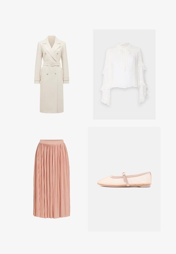 Crème-kleurige lange dubbelgebreide trenchcoat met brede revers, bijpassende riem, manchetbanden en zijzakken, weergegeven op een witte achtergrond.; Witte blouse met lange, uitlopende mouwen met gerimpelde randen. Hoge hals met een strikdetail en lichtgewicht, gestructureerde stof.; Lichtroze midi-rok met plooien en een brede tailleband, gemaakt van lichtgewicht stof, weergegeven tegen een witte achtergrond.; Licht beige platte schoen met een puntige neus en een enkele gesp aan de zijkant, weergegeven op een effen witte achtergrond.