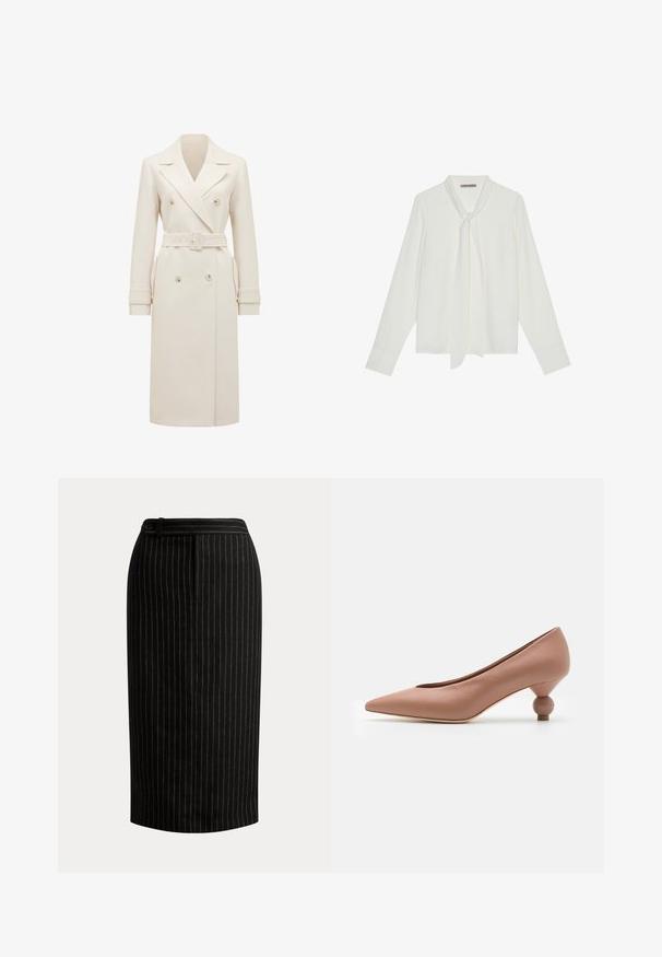 Abrigo trench de doble botonadura en color crema, con solapas anchas, cinturón a juego, correas en los puños y bolsillos laterales, exhibido sobre un fondo blanco.; Blusa blanca de manga larga hecha de tela suave, con un lazo en el cuello y puños entallados. Diseño simple y clásico, sin patrones.; Falda lápiz negra hasta la rodilla con delgadas rayas verticales blancas y detalle en la cintura con botones.; Weekend Max Mara RENZA - Tacones - nudo