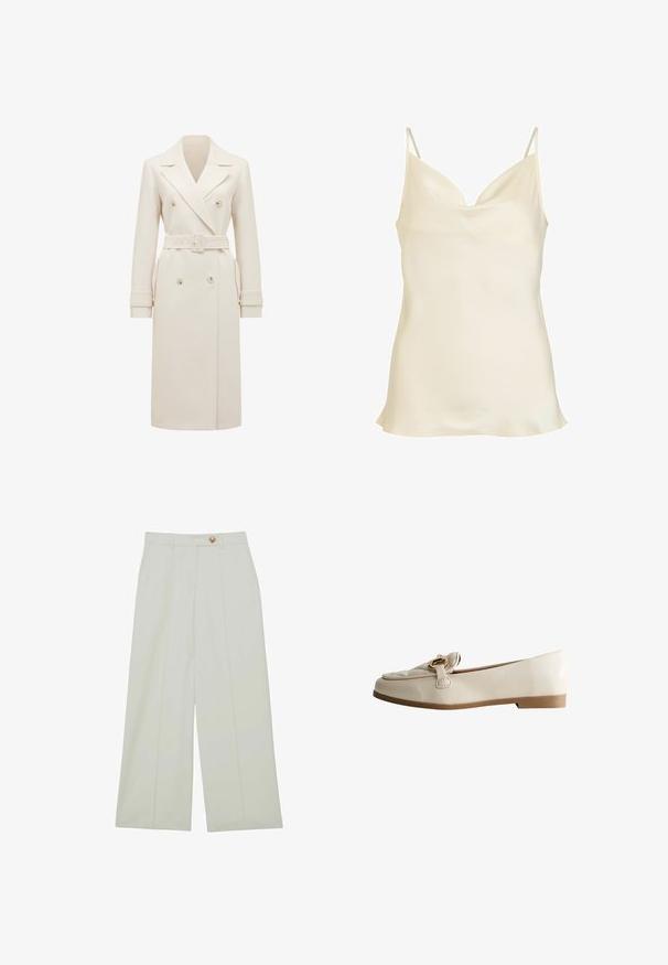Crème-kleurige lange dubbelgebreide trenchcoat met brede revers, bijpassende riem, manchetbanden en zijzakken, weergegeven op een witte achtergrond.; Roomkleurige satijnen top met spaghettibandjes en een gedrapeerde halslijn, gladde textuur en lichte uitlopende zoom.; Lichte crèmekleurige wijde broek met knoopsluiting, voorplooien en zijzakken, gemaakt van een gladde stof.; Licht beige platte schoen van glad leer, voorzien van een decoratieve gesp, ronde neus en lage hak. Eenvoudig, slank profiel.