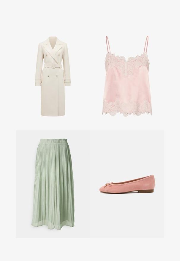 Lys cremefarvet lang dobbeltradet trenchcoat med brede revers, matchende bælte, manchetter og sidelommer, præsenteret på en hvid baggrund.; Lyserød satin camisole med hvid blondekant langs halsudskæring og kant, med tynde justerbare skulderstropper.; Plisseret midi-nederdel i lysegrønt stof med en blød tekstur. Elastisk talje, flydende design og subtil glans over det hele.; Blød lyserød ruskind balletflat med lille sløjfe og gyldent accent på afrundet tå, lav hæl og glat sål.
