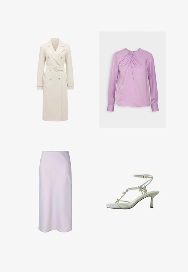 Kreemivärvi pikk mantli pikkus, kahekordse nööbistusega, laiade kraedega, sobiva vöödiga, käiste rihmadega ja küljetaskutega, esitledud valgel taustal.; Twist & Tango BRENDA BLOUSE - Pluus - lilac; Hele lilla midiseelik sirge lõike ja sileda tekstuuriga, loodud sujuvaks ja elegantseks istuvuseks.; Valged rihmikuga kõrge kontsaga sandaalid, millel on pahkluulukk ja kuldsed kestakujulised ripatsid sõlmitud rihmadel valge tausta ees.