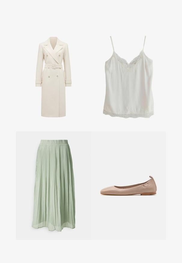 Crème-kleurige lange dubbelgebreide trenchcoat met brede revers, bijpassende riem, manchetbanden en zijzakken, weergegeven op een witte achtergrond.; Witte mouwloze top met dunne bandjes en kanten rand aan hals en zoom, gemaakt van gladde stof.; Geplooide midi rok van lichtgroene stof met een zachte textuur. Elastische tailleband, vloeiende uitstraling en subtiele glans overal.; Beige leren ballerina's met een ronde neus, zachte textuur, elastische achterkant en een kleine tan rubberen hak. Eenvoudig en gestroomlijnd ontwerp.