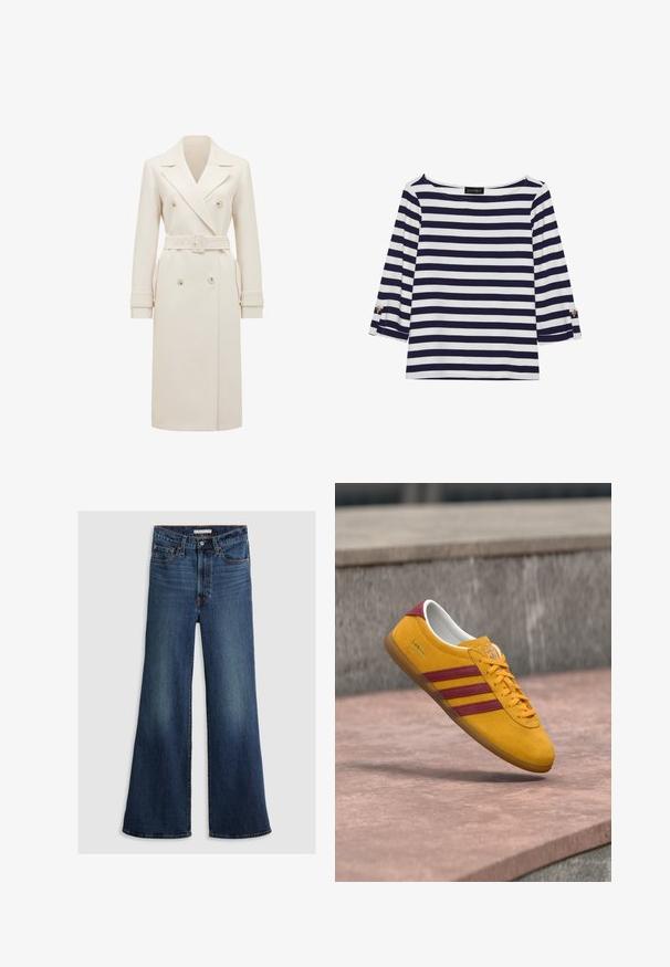 Beige-farbener, langer Doppelreiher-Trenchcoat mit breiten Revers, passendem Gürtel, Riegelan einem Ärmel und seitlichen Taschen, auf einem weißen Hintergrund präsentiert.; Gestreiftes Langarmoberteil in Marineblau und Weiß mit einem Bootsausschnitt und goldfarbenen Knopfdetails an den hochgekrempelten Ärmeln. Weicher Stoff, entspannter Schnitt.; Weite Jeans aus dunkelblauem Denim mit hoher Taille, Fünf-Taschen-Design und kontrastierenden Nähten entlang der Nähte und des Bunds.; Gelber Wildledersneaker mit roten Streifen, flacher Sohle und gepolstertem Kragen; verfügt über ein Schnürdesign und ein gebrandetes Etikett.