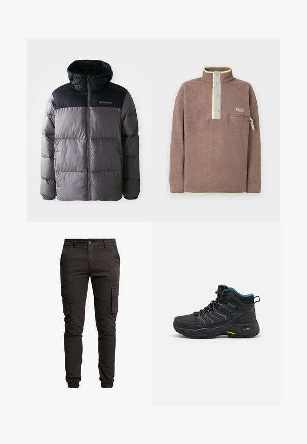 Grau und schwarz gepufferte Jacke mit hohem Kragen, gestepptem Design, Reißverschluss vorne, verstellbarer Kapuze und Columbia-Logo auf der Brust.; Brauner Fleece-Pullover mit Druckknopfleiste, Reißverschlusstasche auf der Brust und hellgelbem Besatz am Kragen und Saum.; Schwarze Cargo-Hosen aus Baumwollmischung, mit Seitentaschen, elastischen Bündchen, Knopfverschluss und einer glatten, matten Textur.; Schwarze Wanderschuhe im High-Top-Design mit blauen Akzenten, strukturiertem Stoff und einer gummierten Sohle mit Muster für besseren Halt. Wasserdichte Kennzeichnung sichtbar.