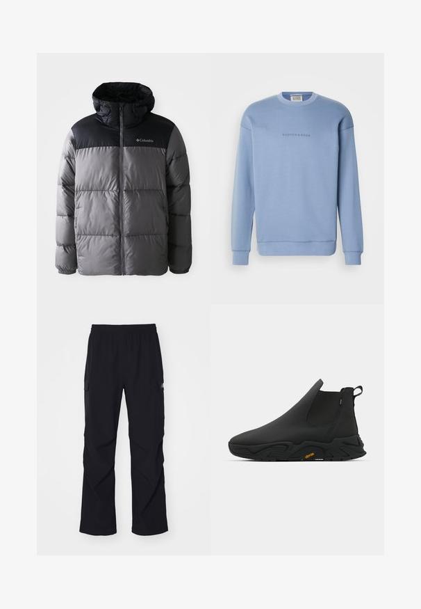 Grau und schwarz gepufferte Jacke mit hohem Kragen, gestepptem Design, Reißverschluss vorne, verstellbarer Kapuze und Columbia-Logo auf der Brust.; Hellblaues Crewneck-Sweatshirt aus weichem Stoff, mit dem Schriftzug "SCOTCH & SODA" in einer dezenten Schriftart auf der Brust. Lange Ärmel, gerippte Bündchen.; Schwarze Cargo-Hosen aus leichtem Material, mit einem Elastikbund, seitlichen Taschen und einem geraden Beinschnitt.; Schwarzer Slipper-Ankle-Boot mit glatter Oberfläche und strukturierter Sohle, ausgestattet mit einer Zugschlaufe für ein einfaches Anziehen. Vibram-Logo auf der Sohle sichtbar.