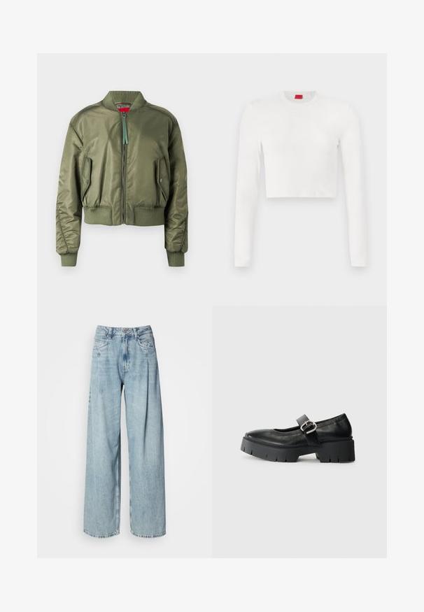 Olive vihreä bomber-takki, jossa on vetoketjukiinnitys, ribatut hihansuut ja helma sekä viistot sivutaskut napilla. Sileä, kiiltävä rakenne.; Valkoinen lyhytcroppaus pitkähihaisessa paidassa, joka on valmistettu sileästä kankaasta. Omistaa pyöreän kaula-aukon ja hillityn logon yksityiskohtana rinnassa.; Vaaleansiniset korkeavyötäröiset leveälahkeiset farkut, joissa on etutaskut, nappisulku ja vyölenkit valkoista taustaa vasten.; Musta nahkainen Mary Jane -kenkä paksulla pohjalla, pyöreällä kärjellä ja sivusolkiyksityiskohdalla. Suuri yksinkertainen rakenne, jossa on minimaalinen saumaus.