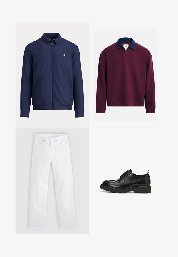 Tumesinine lukuga jakk krae, elastse vöökohaga, küljetaskute ja väikese valge ratsutajaga logo vasakul rinnal.; Pikkade varrukatega bordoopunane pullover tumesinise kraega, soonikkoes mansettide ja äärega ning väikese õmmeldud brändisildiga kaeluses.; Valged sirged teksapüksid viie taskuga, nööbi ja tõmblukuga sulgur ning vase pöidlate detailid taskutel.; Mustad mustad nahast kingad ümarate varvastega, nööbitava disainiga, tekstureeritud pealisosa ja robustse välistallaga. Omab kinnituslingi kanna peal, et oleks lihtsam jalga tõmmata.