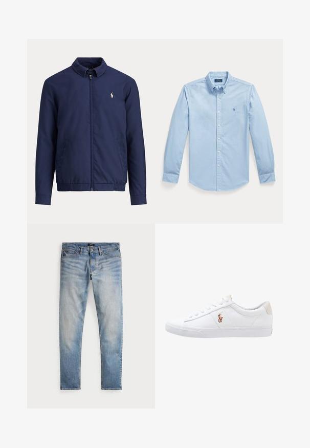 Tmavomodrá bunda na zips s golierom, elastickým pásom, bočnými vreckami a malým bielym logom jazdca na ľavej strane hrudníka.; Svetlomodrá košeľa s dlhým rukávom na gombíky s zapínacím golierom a malým vyšívaným logom na ľavej strane hrudníka.; Svetlomodré denimové nohavice s bledým povrchom, dizajnom na päť vreciek a kontrastným prešívaním. Obsahujú zips a pútka na opasok. Rovný strih.; Biele plátenné tenisky s nízkym strihom, ktoré majú béžový opasok na päte a malé vyšívané logo na boku. Gumová podrážka.