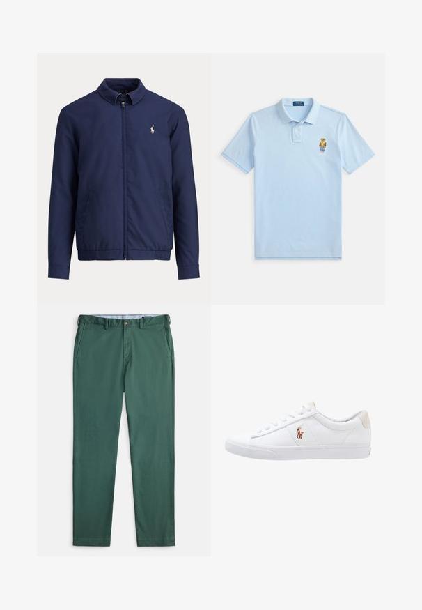 Navyblå lynlåstrøje med krave, elastisk talje, sidelommer og lille hvid rytterlogo på venstre bryst.; Lyseblå polo-shirt med korte ærmer, to-knaps åbning og broderet bamse iført afslappede klæder på venstre bryst.; Grønne bomuldschinos med lige ben, der har sidelommer og baglommer, en knaplukning foran og en glat tekstur.; Hvide kanvas sneakers med lågtop design, prydet med en beige hælkappe og et lille broderet logo på siden. Gummisål.