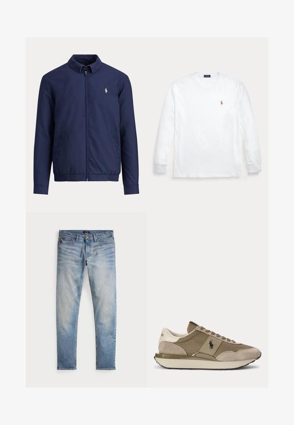 Navyblå lynlåstrøje med krave, elastisk talje, sidelommer og lille hvid rytterlogo på venstre bryst.; Hvid langærmet rundhalset skjorte med lille broderet Polo Ralph Lauren-logo på venstre bryst.; Lys blå denimjeans med en falmet finish, fem-lomme design og kontraststing. Har lynlås og bæltesløjfer. Lige pasform.; Sidevisning af beige og brun sneaker med ruskindsdetaljer og Polo-logo på siden mod en ensfarvet baggrund.