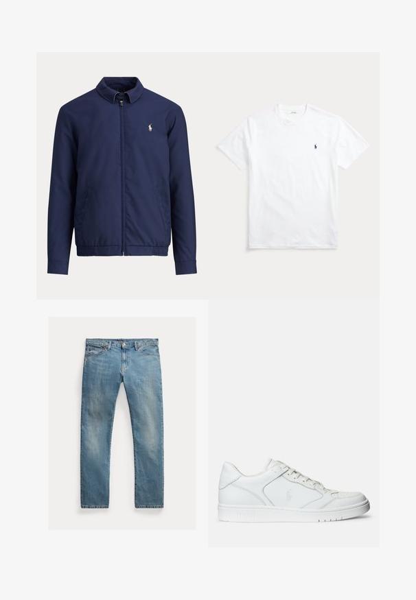 Navyblå lynlåstrøje med krave, elastisk talje, sidelommer og lille hvid rytterlogo på venstre bryst.; Hvid T-shirt med korte ærmer og rund hals med lille navyblåt broderet polo-spiller logo på venstre bryst.; Lyseblå denimjeans med lige snit, knaplynlås, fem lommer, diskret slid og syninger som detalje.; Hvide lædersneakers med en glat tekstur, der har en perforeret tå, snørebåndslukning og broderet logo på siden. Hvid gummisål.