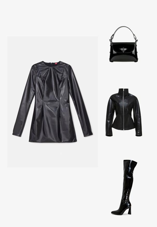 Zwarte leren jas met een hoge kraag, ritssluiting en getailleerd ontwerp. Beschikt over slanke, geperforeerde naden en een gladde, glanzende textuur.; 032c TRAPEZE TOO TIGHT MINI DRESS - Cocktailjurk - black luster; Zwarte laarzen van lakleer die tot over de knie reiken, met een puntige neus, een blokhak en een glad, glanzend oppervlak. Zonder zichtbare hardware.; Zwarte lakleren handtas met een bovenhandgreep en een zilveren bijversiering op de voorklep.