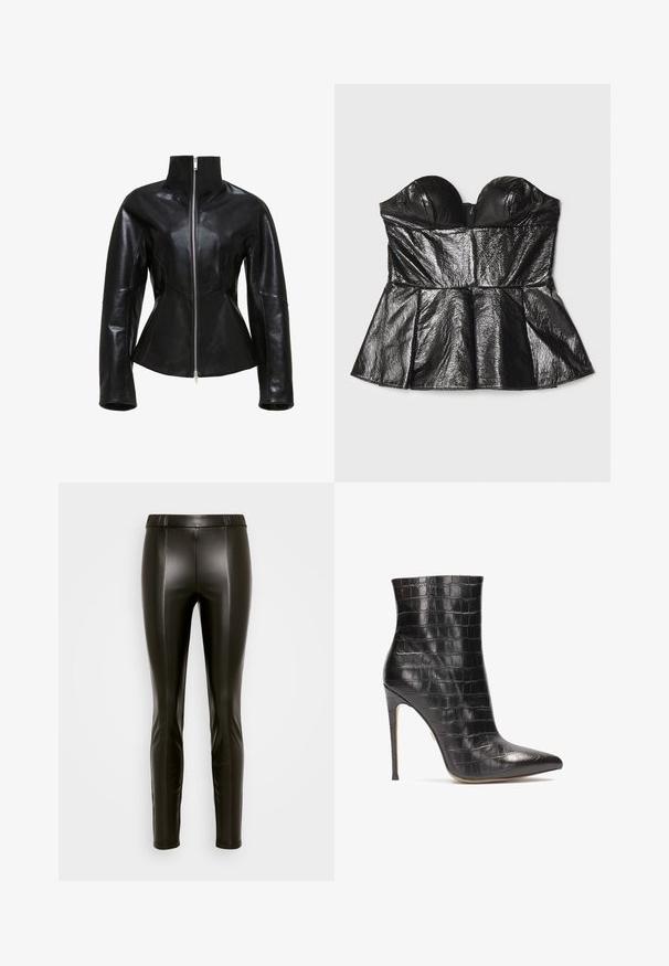Sort læderjakke med høj krave, lynlåslukning og tætsiddende design. Har slanke, panelerede sømme og en glat, blank overflade.; Sara Battaglia SWEETHEART - Top - black; Sorte faux læder leggings med en høj elastisk talje, slim fit og subtile sømdetaljer, der løber ned langs fronten og bagsiden.; Sorte læder ankelstøvler med krokodilleskinds tekstur, spidse tæer og høj stilettohæl, der har en blank finish.