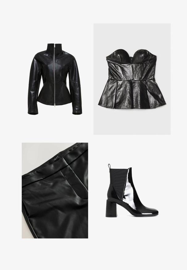Sort læderjakke med høj krave, lynlåslukning og tætsiddende design. Har slanke, panelerede sømme og en glat, blank overflade.; Sara Battaglia SWEETHEART - Top - black; Sorte bukser i faux læder med en glat tekstur, flad talje, forlommer og et label med 'NEXT' på taljen.; CAFèNOIR Støvletter - black