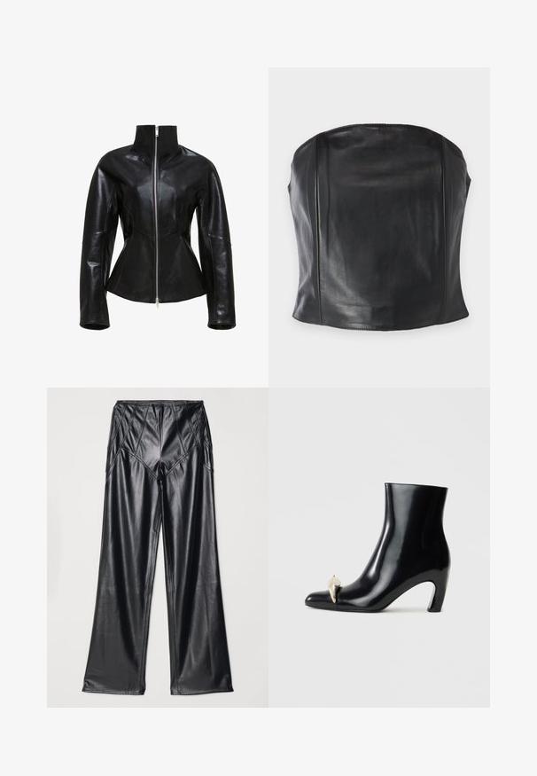 Čierna kožená bunda s vysokým golierom, zipsom a priliehavým strihom. Obsahuje elegantné, panelované švy a hladkú, lesklú textúru.; Čierny kožený top bez ramienok s priliehajúcim dizajnom, hladkou textúrou a jemnými švami pozdĺž tela pre upravený vzhľad.; Čierne nohavice z umelého kože s hladkou textúrou, širokými nohavicami a prešívaním pozdĺž pásu a strán. Prezentácia v nadhlade.; Čierne členkové topánky vyrobené z lesklej kože, s ostrou špičkou a dekoratívnym zlatým a strieborným akcentom vpredu. Dizajn na blokovom podpätku.