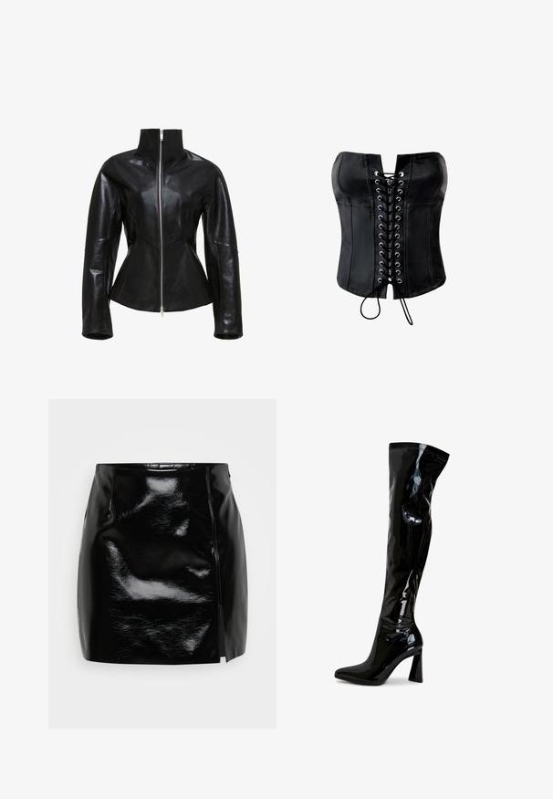 Sort læderjakke med høj krave, lynlåslukning og tætsiddende design. Har slanke, panelerede sømme og en glat, blank overflade.; Sort satin-corset med en struktureret form, snørelukning foran med sølvøjer og en glat finish. Har en lige, stropløs halsudskæring.; Sort mini nederdel lavet af blankt materiale. Har en lynlås i siden og en slids på højre side for ekstra detalje og design. Glat tekstur.; Sorte laklæderstøvler, der går til låret, med spids snude, firkantet blokhæl og glat, blank tekstur. Ingen synligt hardware.