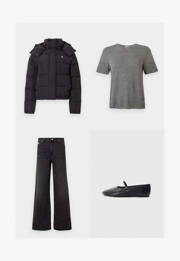Chaqueta de plumas negra con alto cuello, capucha desmontable con botones a presión y pequeño logo blanco "CK" en el pecho izquierdo.; Camiseta gris de manga corta hecha de tela suave. Cuello redondo, corte relajado, con un logo sutil en el dobladillo. Textura uniforme en toda la prenda.; Pantalones vaqueros negros de corte ancho con cierre frontal de botón y cremallera, trabillas para cinturón y estilo de cinco bolsillos.; Bailarinas de cuero negro con punta afilada, suela plana y una pequeña correa con detalle de hebilla plateada.