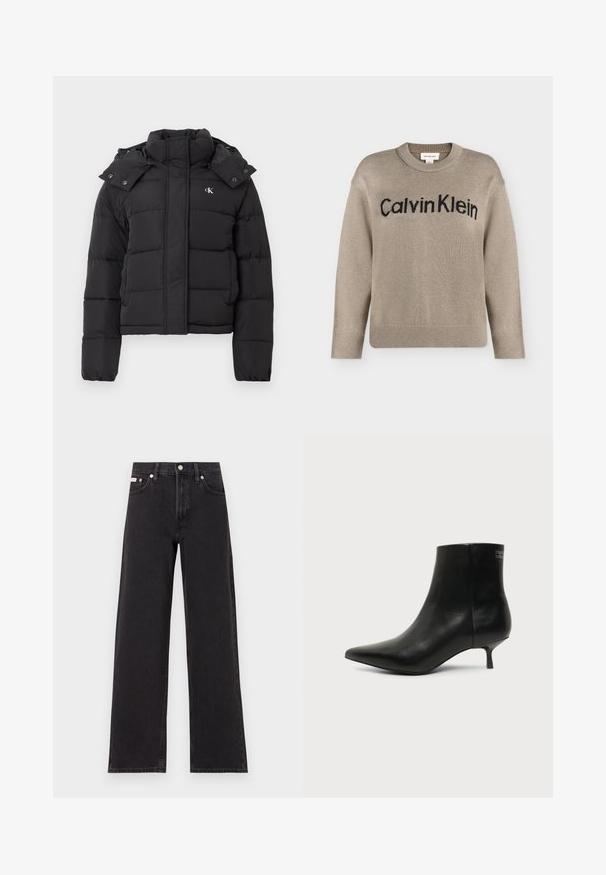 Sort puffer-jakke med høj krave, aftagelig hætte med trykknapper og lille hvid "CK"-logo på venstre bryst.; Beige strikket langærmet sweater med ribstrikkede manchetter og kant, med "Calvin Klein"-logo i sort over brystet.; Sorte vidde jeans lavet af denim, med høj talje, fem-lomme stil og en metalknap lukning med kontrasterende syninger.; Sort læder ankelstøvle med spids tå og lav kitten hæl på lys baggrund, der viser yderside.
