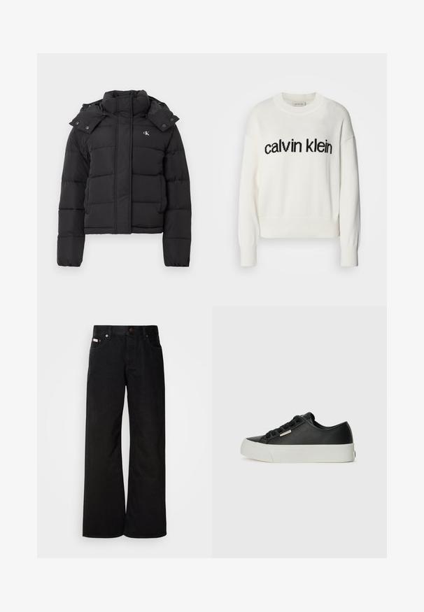 Sort puffer-jakke med høj krave, aftagelig hætte med trykknapper og lille hvid "CK"-logo på venstre bryst.; Hvid strikket sweater med rund halsudskæring og lange ærmer, med et sort "calvin klein" logo over brystet. Blød tekstur, cropped snit.; Sorte breddebenede jeans lavet af bomuld. Har forlommer, en knaplukning og en klassisk denimtekstur. Minimalistisk design uden mønstre.; Sort lædersneaker med en glat overflade, hvid gummisål, rund tå og seks sorte snøringøjer. Har et lille metallisk logo detalje.