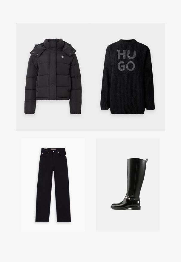 Sort puffer-jakke med høj krave, aftagelig hætte med trykknapper og lille hvid "CK"-logo på venstre bryst.; Sort chunky striktrøje med ribbet tekstur, rund hals og "HUGO" logo i sølv på forsiden. Oversized pasform med lange ærmer.; Sorte denim jeans med lige pasform, fem lommer, kobberdetaljer og en glat tekstur. To mærker synlige på taljebåndet.; Sorte knæhøje støvler lavet af blankt læder med en sølvfarvet spænde ved anklen og rundet snude. Flad sål.