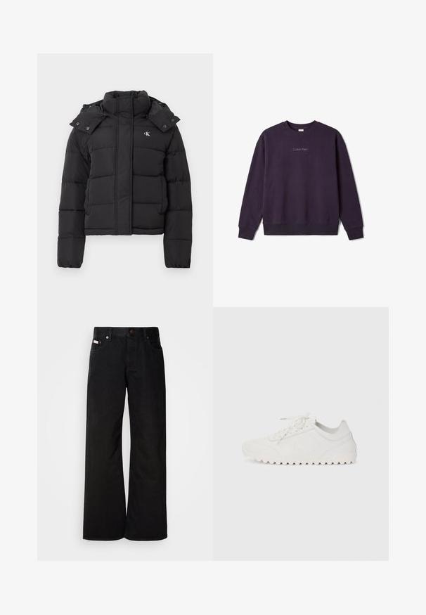Sort puffer-jakke med høj krave, aftagelig hætte med trykknapper og lille hvid "CK"-logo på venstre bryst.; Mørkelilla langærmet crewneck sweatshirt med ribkanter ved manchetter og kant, med lille hvid Calvin Klein logo tekst centreret på brystet.; Sorte breddebenede jeans lavet af bomuld. Har forlommer, en knaplukning og en klassisk denimtekstur. Minimalistisk design uden mønstre.; Hvide atletiske sko med en tekstureret overdel, flade snørebånd og en rillede gummisål. Har et subtilt logo præget på siden.