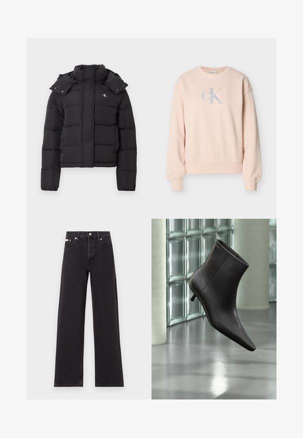 Sort puffer-jakke med høj krave, aftagelig hætte med trykknapper og lille hvid "CK"-logo på venstre bryst.; Lyserød Calvin Klein sweatshirt med lange ærmer, rund hals, ribstrikkede manchetter og frontlogo i lysegrå og hvide bogstaver.; Sorte vidde jeans lavet af denim, med høj talje, fem-lomme stil og en metalknap lukning med kontrasterende syninger.; Sort læderankelstøvle med spids tå og lille hæl vist mod en væg af glasblokke og poleret gulv baggrund.