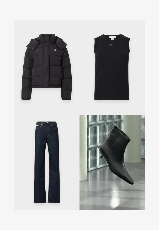 Schwarze Pufferjacke mit hohem Kragen, abnehmbarem Kapuzenschild mit Druckknöpfen und kleinem weißen "CK"-Logo auf der linken Brust.; Schwarzes, ärmelloses, geripptes Tanktop mit rundem Ausschnitt und kleinem Calvin Klein Logo-Patch mittig unter dem Kragen.; Dunkelblaue Jeans aus Denim mit geraden Beinen, orangefarbener Naht, einer vorderen Knopfleiste und einem kleinen Etikett am Bund.; Schwarzer Leder-Stiefelette mit spitzer Zehenpartie und niedrigem Kitten-Heel, schräg dargestellt vor einem polierten Boden und einer Glasbausteinwand.