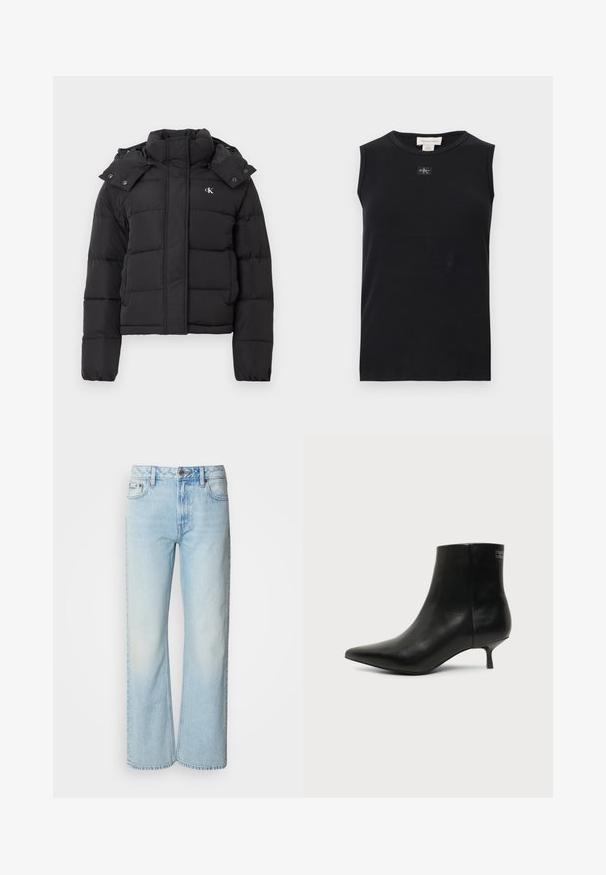 Chaqueta de plumas negra con alto cuello, capucha desmontable con botones a presión y pequeño logo blanco "CK" en el pecho izquierdo.; Camiseta de tirantes negra con costillas, escote redondo y pequeño parche con el logo de Calvin Klein centrado debajo del cuello.; Vaqueros de pierna ancha azul claro confeccionados en denim, con un diseño clásico de cinco bolsillos y una sutil textura deslavada. La costura del denim es visible.; Botín de piel negra con puntera puntiaguda y tacón bajo estilo kitten sobre fondo claro, mostrando vista lateral exterior.