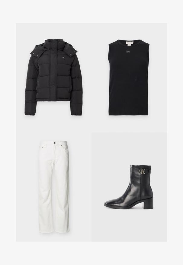 Chaqueta de plumas negra con alto cuello, capucha desmontable con botones a presión y pequeño logo blanco "CK" en el pecho izquierdo.; Camiseta de tirantes negra con costillas, escote redondo y pequeño parche con el logo de Calvin Klein centrado debajo del cuello.; Jeans blancos de pierna recta con bolsillos frontales, trabillas para cinturón, cierre de botón y costuras visibles sobre un fondo liso.; Bota de tobillo de cuero negra con punta afilada, tacón cuadrado y una correa con un detalle de logo metálico. Textura suave y diseño minimalista.