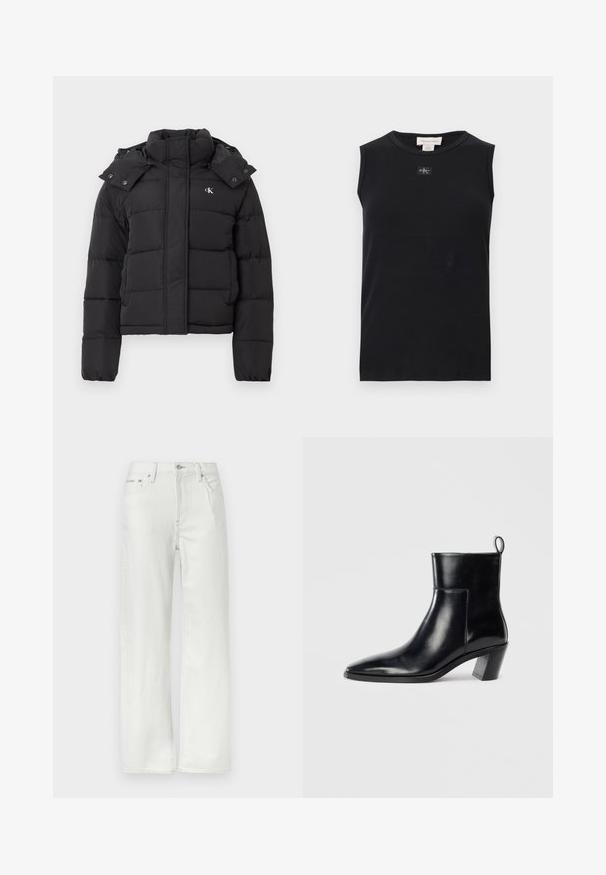 Schwarze Pufferjacke mit hohem Kragen, abnehmbarem Kapuzenschild mit Druckknöpfen und kleinem weißen "CK"-Logo auf der linken Brust.; Schwarzes, ärmelloses, geripptes Tanktop mit rundem Ausschnitt und kleinem Calvin Klein Logo-Patch mittig unter dem Kragen.; Weiße Jeans mit geradem Bein, Vorder- und Gesäßtaschen, Gürtelschlaufen, Knopfverschluss und sichtbaren Nahtdetails.; Schwarze Leder-Ankleboots mit spitzem Zeh, geometrischem Blockabsatz und einem Zugband hinten. Glatte Textur und elegantes Design.