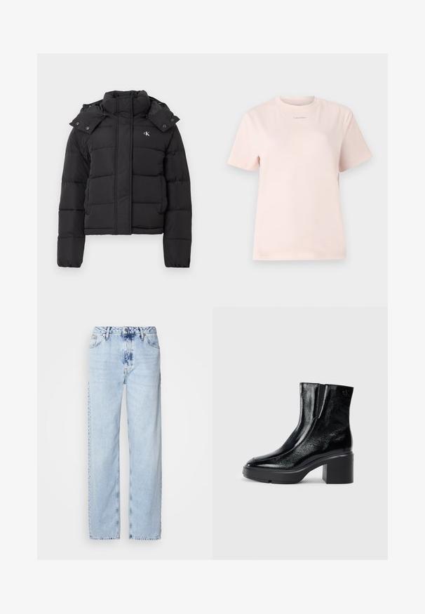 Chaqueta de plumas negra con alto cuello, capucha desmontable con botones a presión y pequeño logo blanco "CK" en el pecho izquierdo.; Camiseta de algodón rosa claro con cuello redondo, mangas cortas y un pequeño logo de "Calvin Klein" impreso en un color a juego en el pecho.; Jeans de pierna ancha en azul claro, confeccionados en denim, con una cintura alta, un lavado desgastado y un sutil patrón de tie-dye en la parte delantera.; Botas de tobillo de charol negro con puntera curva, paneles laterales elásticos y un tacón ancho. Presentan un logo embosado en la parte posterior.