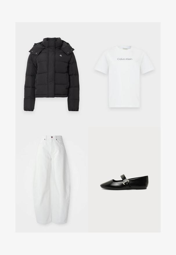 Sort puffer-jakke med høj krave, aftagelig hætte med trykknapper og lille hvid "CK"-logo på venstre bryst.; Hvid bomulds t-shirt med rund hals og korte ærmer. Den viser teksten "Calvin Klein" i grå på tværs af brystet.; Højtaljede hvide denimbukser med løs pasform. Har en knaplukning, sidelommer og et minimalistisk design. Glat tekstur.; Sort læder Mary Jane-flad sko med rundet tå og sølvspænde på ensfarvet baggrund.